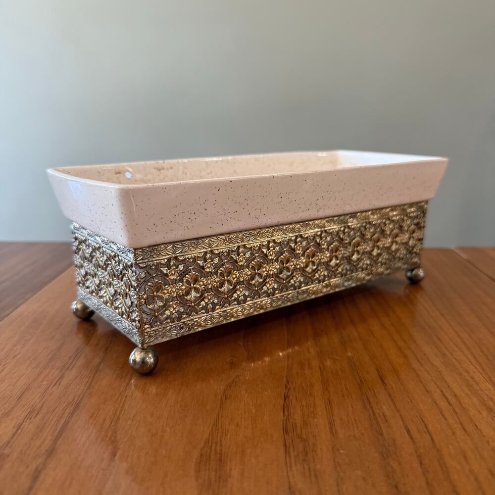 Planter Inc USA 1994 Rectangle Brass Filigree Stand 9 x 4 x 3.5 Vintage Pottery